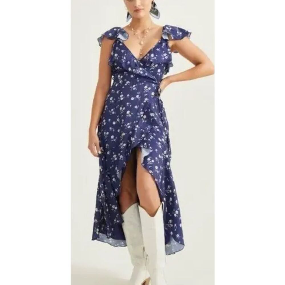 Altar'd State Womens Floral Faux Wrap Hi-Low Ruffle Midi Dress Blue‎ Size XS NWT